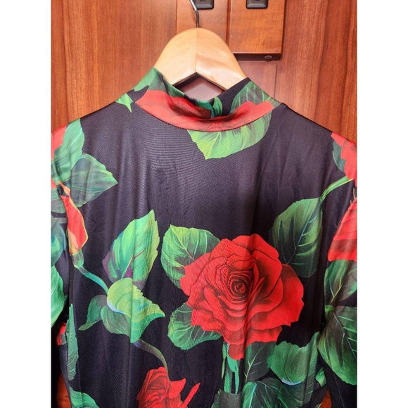 Womens Bodycon Dress 1XL Black Red Floral Mock Neck Long Sleeve Rose Print Chic - Picture 4 of 9